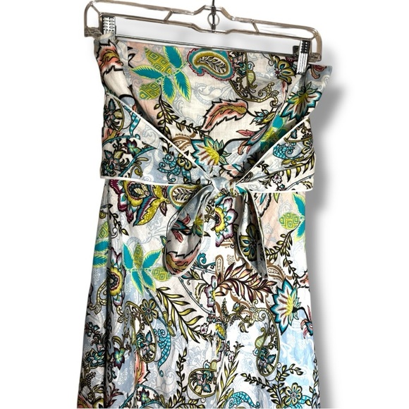 White House Black Market Spring-y White Strapless Blue/Brown Floral Midi Dress - Picture 13 of 16